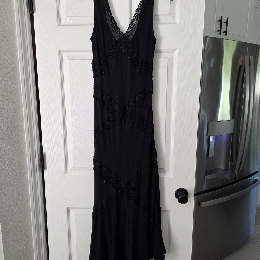 Sue Wong Black Beaded V-Neck Maxi Dress